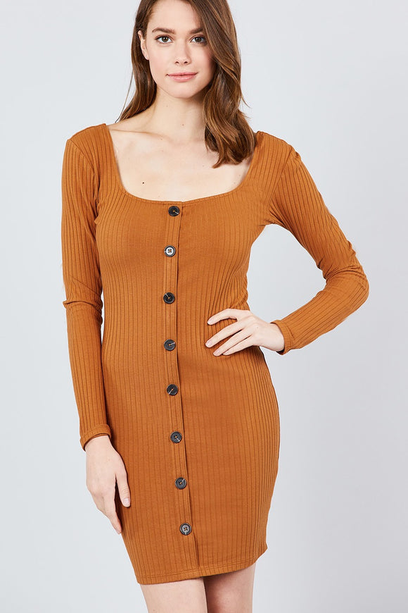 Long Sleeve U-neck Front Button Detail Rib Mini Dress