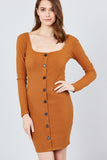 Long Sleeve U-neck Front Button Detail Rib Mini Dress