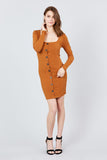 Long Sleeve U-neck Front Button Detail Rib Mini Dress