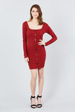 Long Sleeve U-neck Front Button Detail Rib Mini Dress