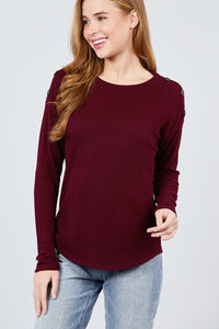 Long Sleeve Round Neck Shoulder Button Detail Brushed Hacci Top