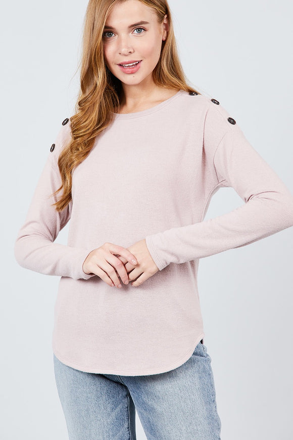 Long Sleeve Round Neck Shoulder Button Detail Brushed Hacci Top