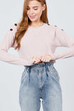 Long Sleeve Round Neck Shoulder Button Detail Brushed Hacci Top