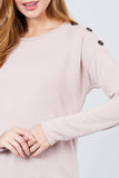 Long Sleeve Round Neck Shoulder Button Detail Brushed Hacci Top