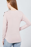 Long Sleeve Round Neck Shoulder Button Detail Brushed Hacci Top