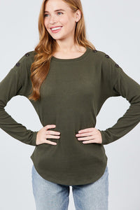 Long Sleeve Round Neck Shoulder Button Detail Brushed Hacci Top