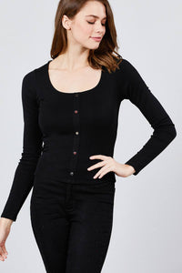 Long Sleeve Scoop Neck Front Button Detail Rib Knit Top