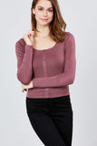 Long Sleeve Scoop Neck Front Button Detail Rib Knit Top