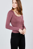 Long Sleeve Scoop Neck Front Button Detail Rib Knit Top