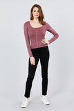 Long Sleeve Scoop Neck Front Button Detail Rib Knit Top