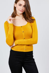 Long Sleeve Scoop Neck Front Button Detail Rib Knit Top