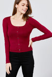 Long Sleeve Scoop Neck Front Button Detail Rib Knit Top