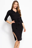 Solid, Midi Tee Dress With 3/4 Sleeves, Collared V Neckline, Decorative Button, Matching Belt And A Side Slit