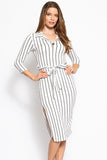 Stripes Print, Midi Tee Dress With 3/4 Sleeves, Collared V Neckline, Decorative Button, Matching Belt And A Side Slit