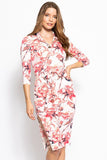 Print, Midi Tee Dress With 3/4 Sleeves, Collared V Neckline, Decorative Button, Matching Belt And A Side Slit