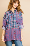 Plaid And Checkered Print Long Roll Up Sleeve Button Front Collared Top With Chest Pocket