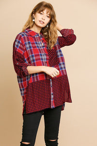 Plaid And Checkered Print Long Roll Up Sleeve Button Front Collared Top With Chest Pocket