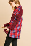 Plaid And Checkered Print Long Roll Up Sleeve Button Front Collared Top With Chest Pocket