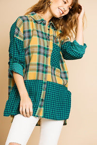 Plaid And Checkered Print Long Roll Up Sleeve Button Front Collared Top With Chest Pocket