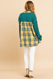 Plaid And Checkered Print Long Roll Up Sleeve Button Front Collared Top With Chest Pocket