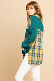 Plaid And Checkered Print Long Roll Up Sleeve Button Front Collared Top With Chest Pocket