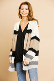 Multi Color Mixed Fabric Long Sleeve Open Front Cardigan Sweater