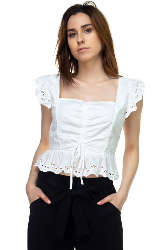 Embroidered Ruffle Cropped Top