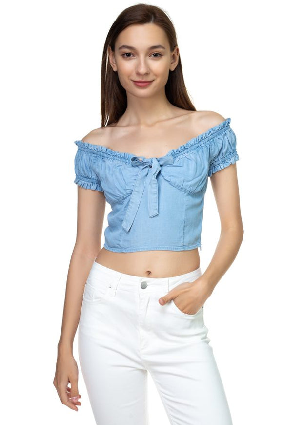 Front Ribbon Tie Off Shoulder Crop Top