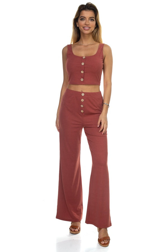 Ribbed Button Tank Top & Wide Leg Pants